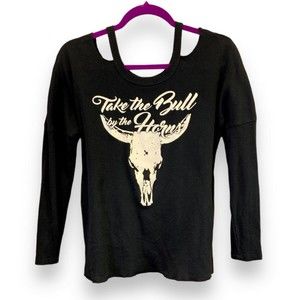 VOCAL Black Cold Shoulder Lightweight Ribbed Top "Take the Bull by the Horns!" S